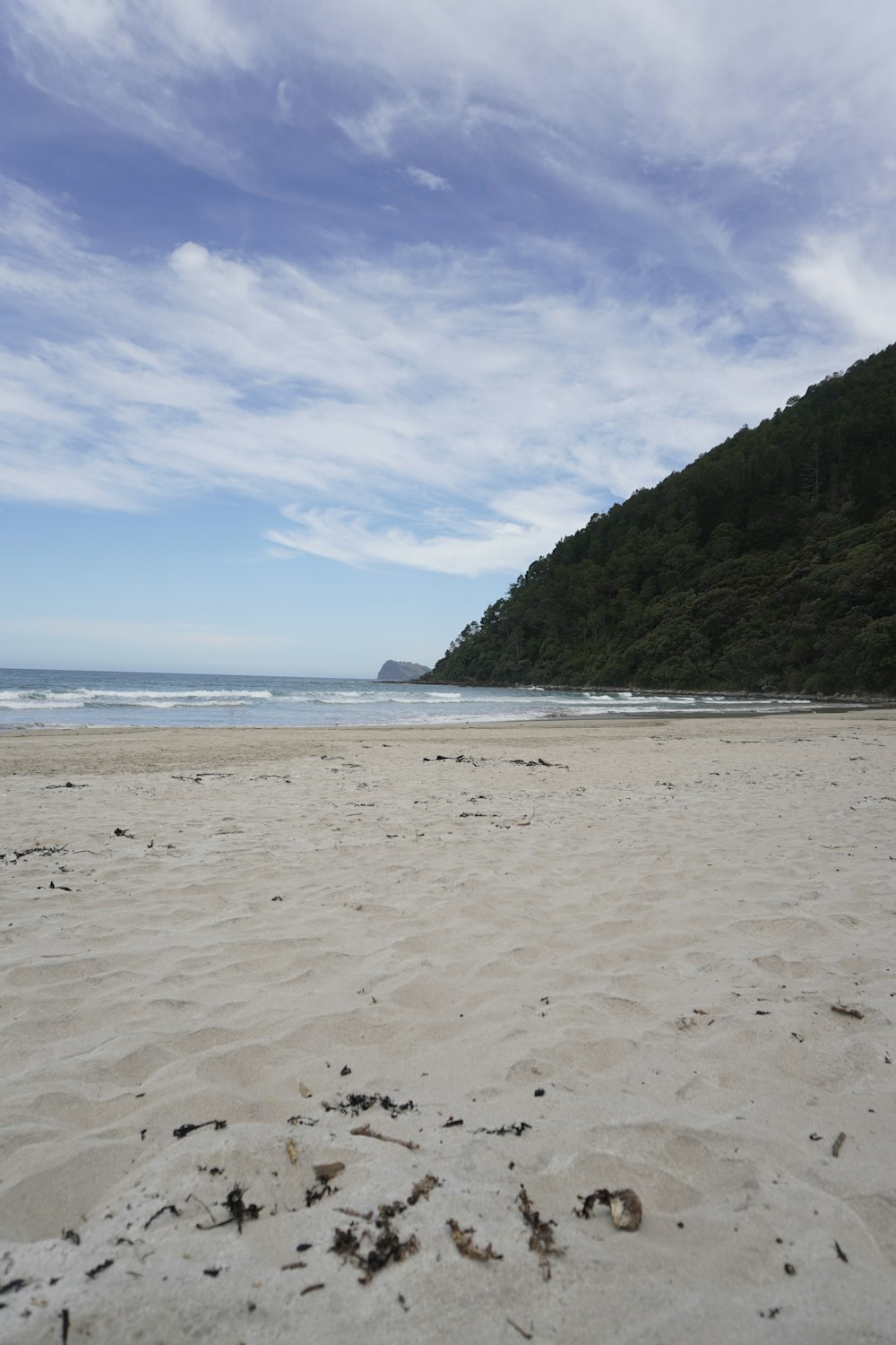 a sandy beach with a hill in the background