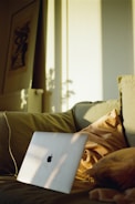 A laptop with a recognizable logo is placed on a couch that is adorned with pillows, one of which has a warm, earthy tone. A painting hangs on the wall, partially in view, against a backdrop of soft lighting creating gentle shadows.
