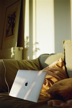 A laptop with a recognizable logo is placed on a couch that is adorned with pillows, one of which has a warm, earthy tone. A painting hangs on the wall, partially in view, against a backdrop of soft lighting creating gentle shadows.