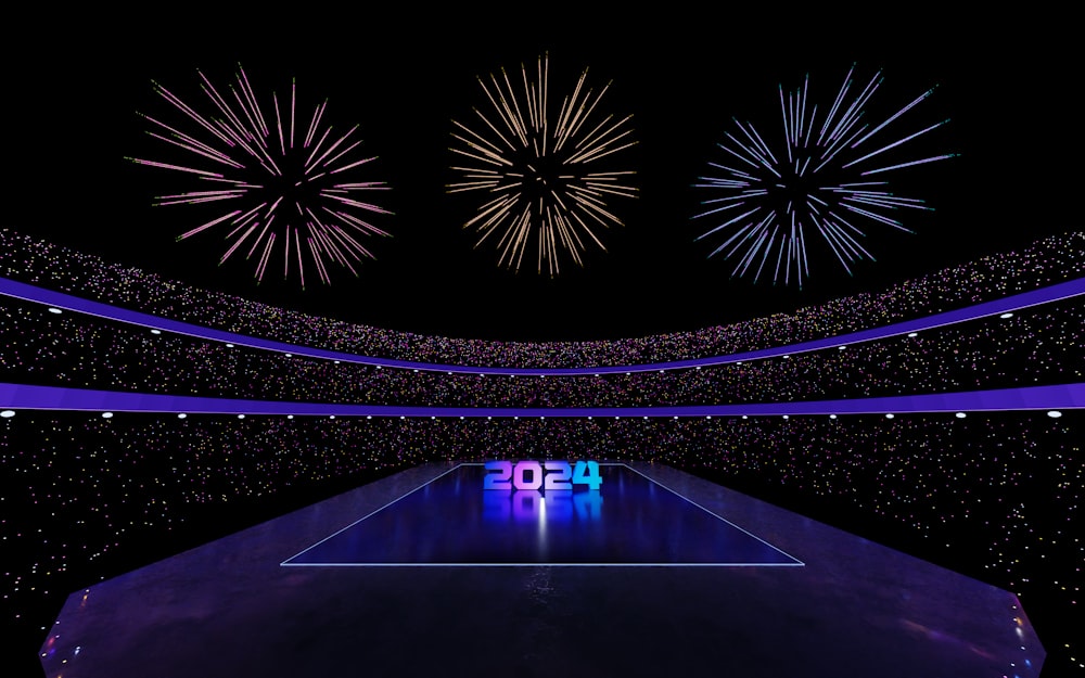 a tennis court is lit up with fireworks