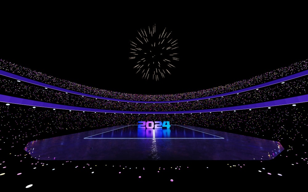 fireworks are lit up in the night sky above a basketball court