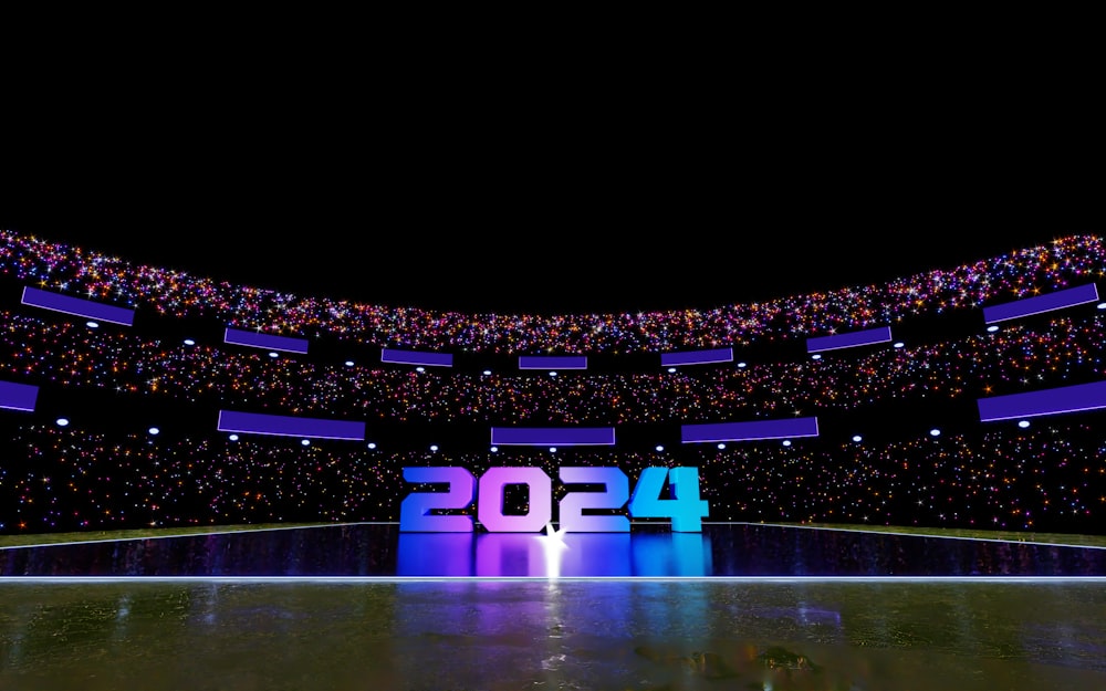 a stadium filled with lots of purple and blue lights