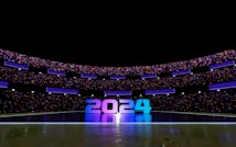 A futuristic stadium illuminated with vibrant lights displays the numbers 2024 prominently at its center. The stadium is filled with colorful lights and reflective surfaces, creating a dynamic and festive atmosphere.