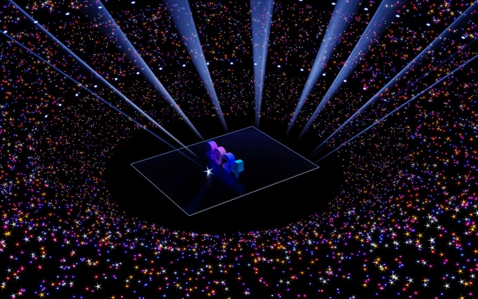 A digital art piece with the numbers '2024' illuminated on a platform at the center. Surrounding the platform, a vast array of multicolored stars and sparkles create a galaxy-like effect. Beams of light shine downwards, enhancing the futuristic and celebratory atmosphere.