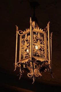 An ornate, vintage-style chandelier with intricate floral metalwork hanging from the ceiling. The chandelier features a warm, glowing light that casts a soft illumination on its surroundings.