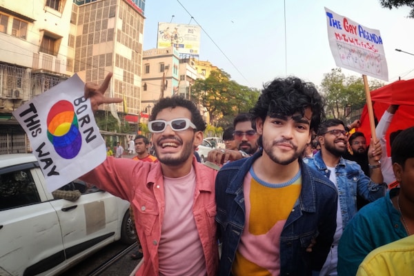 A crowd of people is seen participating in a colorful outdoor event. Two men in the foreground are smiling and holding signs supporting LGBTQ rights, one with the rainbow flag colors and 'Born This Way' written on it. The group is surrounded by buildings, trees, and clear skies, creating a lively and cheerful atmosphere.