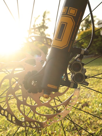 A close-up view of a bicycle wheel with a disc brake system against the golden hue of a sunset. The focus is on the brake rotors and the fork, which features a distinct yellow and black logo. In the background, there is lush grass and blurred foliage, indicating an outdoor setting.