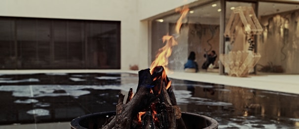A fire pit with logs burning brightly in a modern outdoor setting. The background features a reflective water surface and a contemporary building with large windows. Two people are visible in the background, seated near the building. The setting appears serene and stylish, with artistic elements in the architecture.