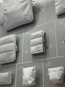 Various white pouches and bags of different sizes are displayed on a light-colored background with numbered sections. Each bag has a minimalistic design with labels attached.