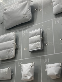 Various white pouches and bags of different sizes are displayed on a light-colored background with numbered sections. Each bag has a minimalistic design with labels attached.