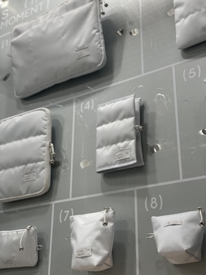 Various white pouches and bags of different sizes are displayed on a light-colored background with numbered sections. Each bag has a minimalistic design with labels attached.