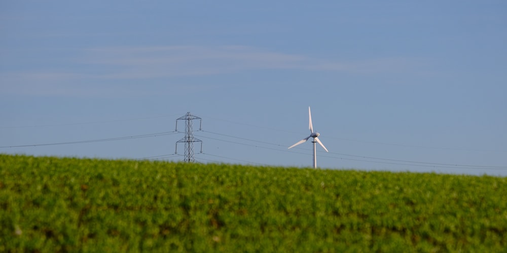 a wind turbine in a green field with power lines in the background