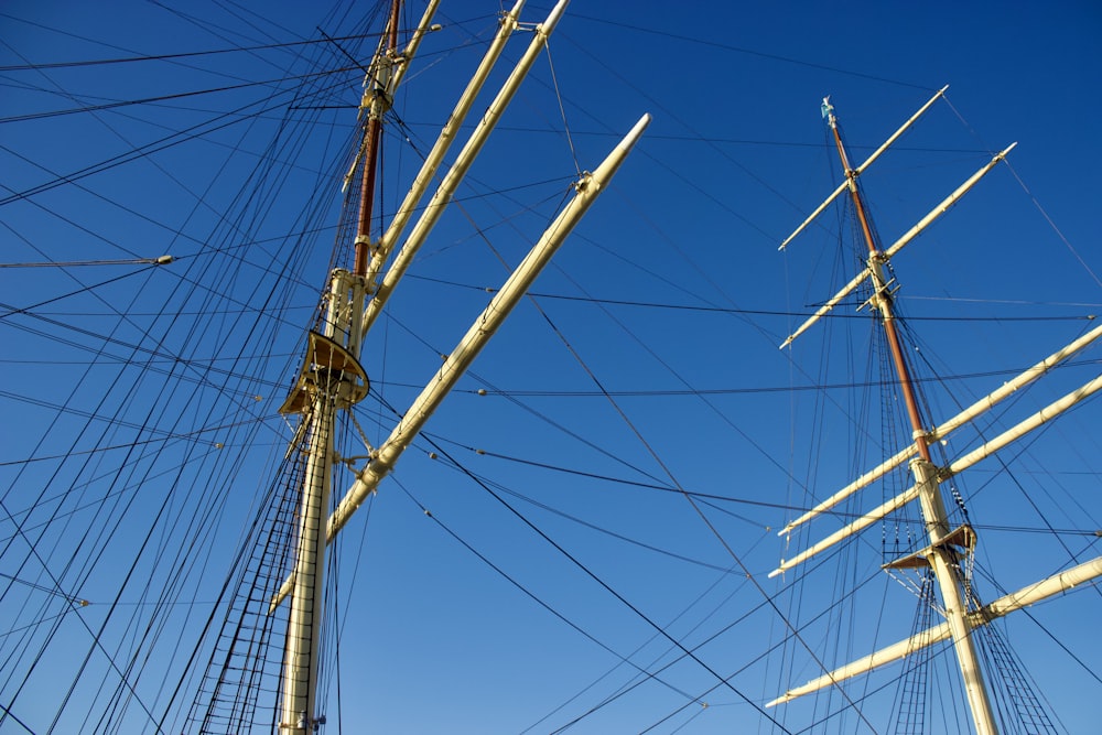 the masts of a tall ship against a blue sky