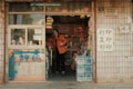 A small local shop with a variety of colorful items displayed, including toys, water bottles, and other goods. A person wearing a mask and an orange jacket stands at the entrance, surrounded by various wares. There are signs with Chinese characters on the door and exterior walls.