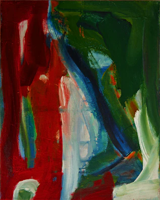 Abstract painting with bold blues and fiery reds blending in dynamic strokes.