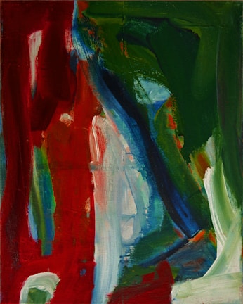 Abstract painting with bold brush strokes in vibrant colors, featuring a dynamic interplay of red, green, blue, and white areas blending into each other.