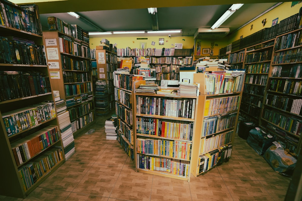 a library filled with lots of books and dvds