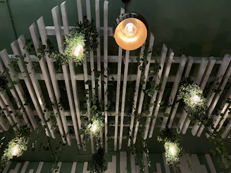 Solar ceiling lights casting a warm, eco-friendly glow over a minimalist dining area with green decor.