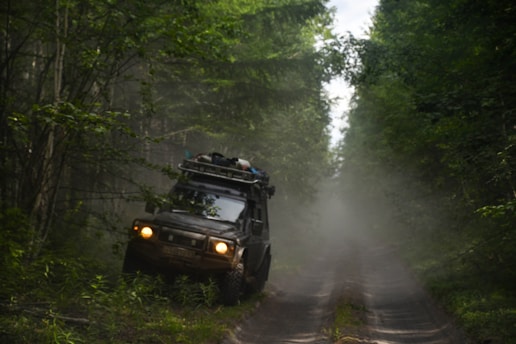 A rugged off-road vehicle is navigating a narrow, muddy path surrounded by dense green forest. The vehicle is loaded with gear on its roof, indicating an adventurous journey. Mist or dust creates a hazy atmosphere, adding to the sense of wilderness.