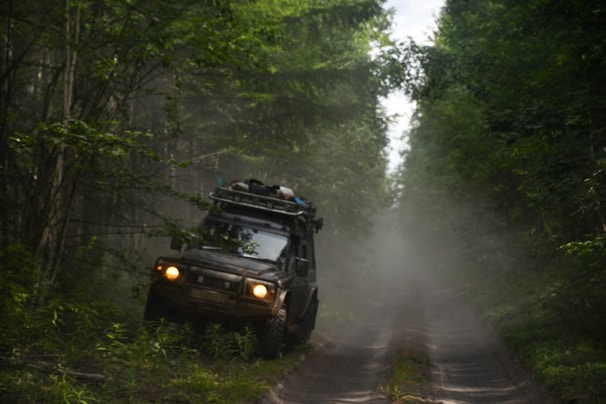 A rugged off-road vehicle is navigating a narrow, muddy path surrounded by dense green forest. The vehicle is loaded with gear on its roof, indicating an adventurous journey. Mist or dust creates a hazy atmosphere, adding to the sense of wilderness.