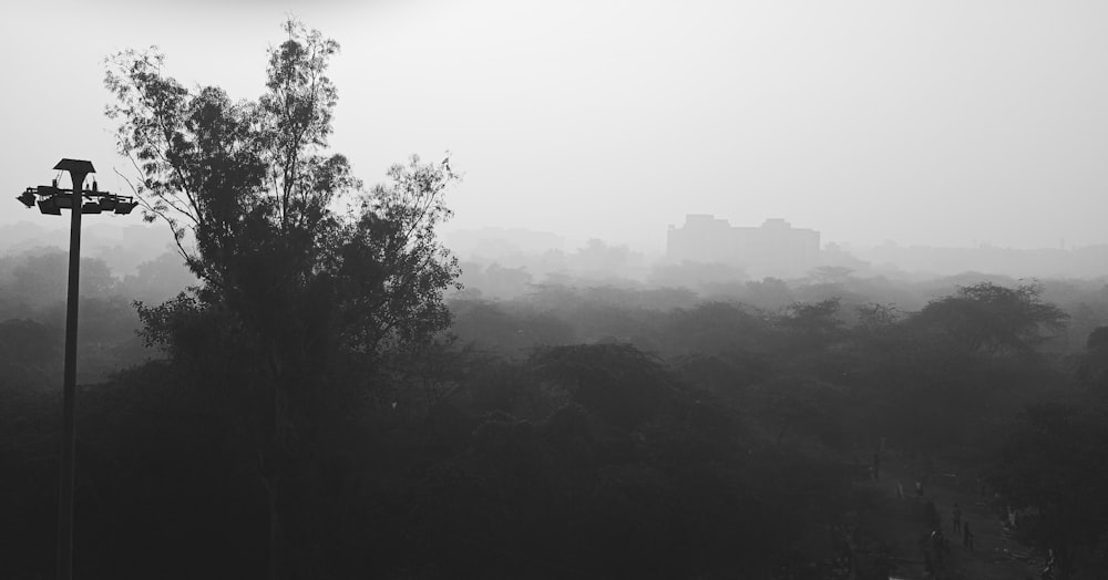 a black and white photo of a foggy city