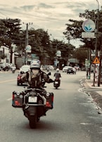 A motorcyclist wearing protective gear rides a bike with panniers down a tree-lined city street. Vehicles are visible along the road, including other motorcycles and cars. Overhead power lines run along the street, with various signs and foliage in the background.