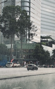 Heavy rain falls on a busy urban street with a large modern glass building in the background. Cars and motorcycles are moving through the wet street while tree leaves are visibly damp. The overall scene captures the hustle of city life during a rainstorm.