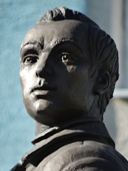 A close-up view of a statue depicting a person's face, captured from a low angle, highlighting the detailed facial features and expression. The sculpture is made of a dark material with smooth textures, set against a blurred blue and gray background.