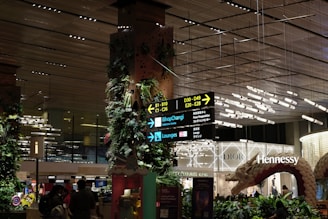 An indoor area bustling with activity, featuring signage directing towards different terminal gates, shopping and lounges. The space is adorned with lush greenery and illuminated by modern lighting fixtures. Visible storefronts include luxury brands like Dior and Hennessy. The setting includes decorative elements like plant-covered pillars and a large sculptural piece.