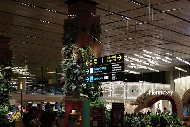 An indoor area bustling with activity, featuring signage directing towards different terminal gates, shopping and lounges. The space is adorned with lush greenery and illuminated by modern lighting fixtures. Visible storefronts include luxury brands like Dior and Hennessy. The setting includes decorative elements like plant-covered pillars and a large sculptural piece.