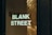 Large white letters spelling 'BLANK STREET' are displayed on a glass window. The reflection of a person and some trees is visible through the glass, creating a layered effect against the dark frame of the window.