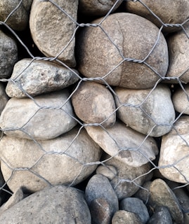 A collection of smooth, round stones of various sizes are enclosed within metal wire fencing, forming a gabion-style structure.