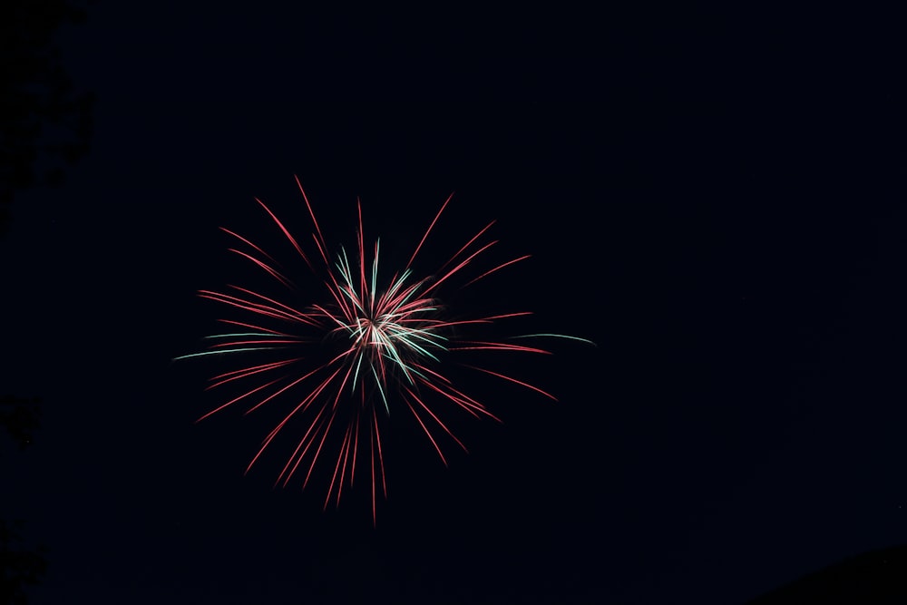 a red and white firework in the dark sky