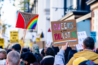 A crowd of people are gathered, holding up protest signs. One sign reads 'Pinkwashing is a damn lie!' with a rainbow and watermelon design, and another says 'Queers for a free Palestine' with colorful text on a cardboard background. People are dressed in casual clothing, some wearing jackets.