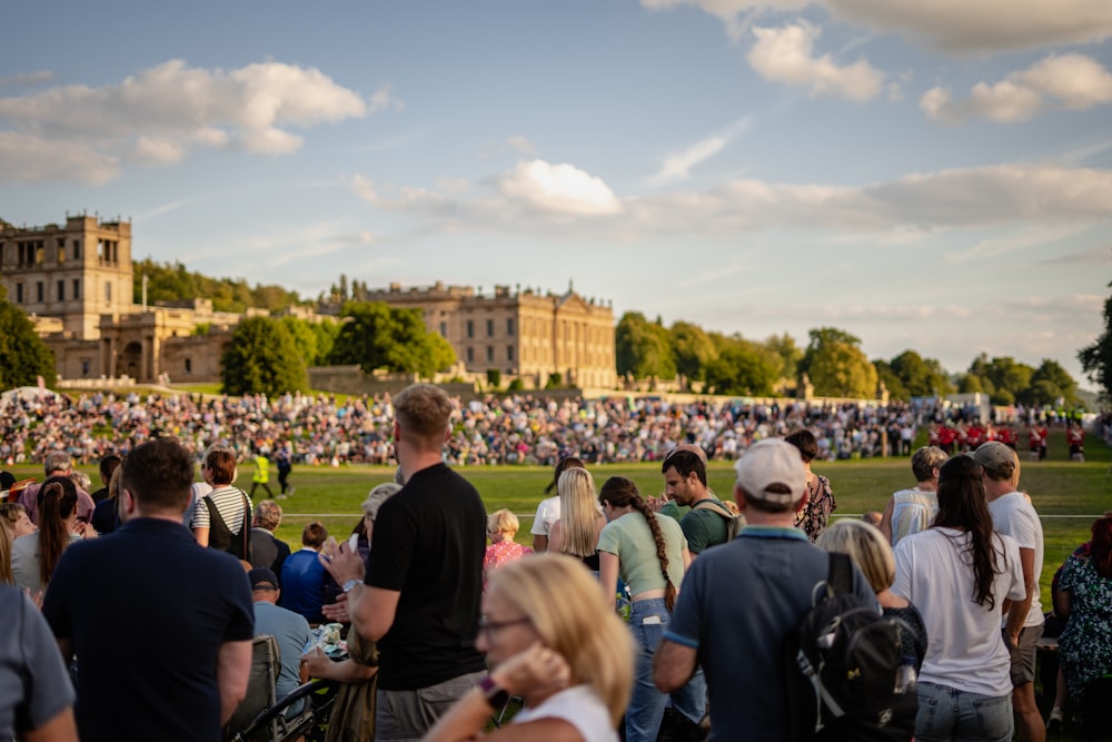 a crowd of people standing in front of a castle