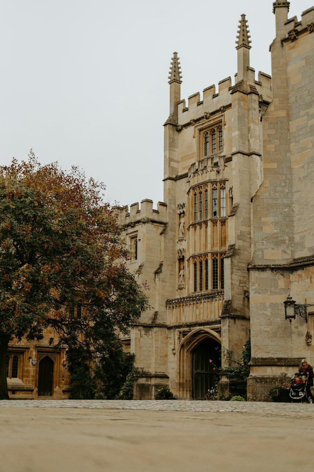 a large building with a motorcycle parked in front of it