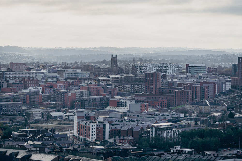 a view of a city with tall buildings