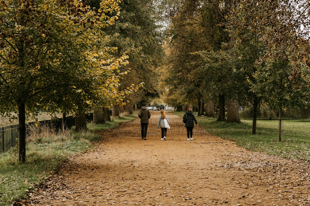 a couple of people walking down a dirt road