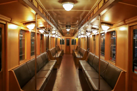 Interior shot of the Chepe luxury train carriage with leather seats and warm wooden paneling bathed in soft natural light.