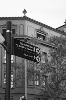 A black and white photograph features directional signs mounted on a pole in an urban area. The signs point towards Pg. de Sant Joan, Pg. de Lluís Companys, and Arc de Triomf, indicating pedestrian directions. In the background, an ornate building with decorative architectural details is partially visible behind trees.