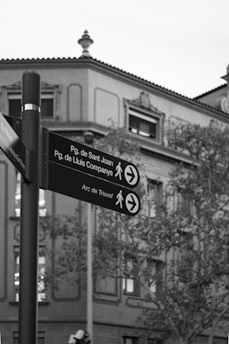 A black and white photograph features directional signs mounted on a pole in an urban area. The signs point towards Pg. de Sant Joan, Pg. de Lluís Companys, and Arc de Triomf, indicating pedestrian directions. In the background, an ornate building with decorative architectural details is partially visible behind trees.