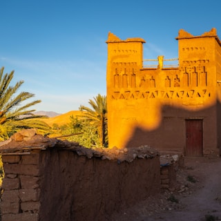 Historic colonial architecture framed by desert plants and warm terracotta tones at sunset.