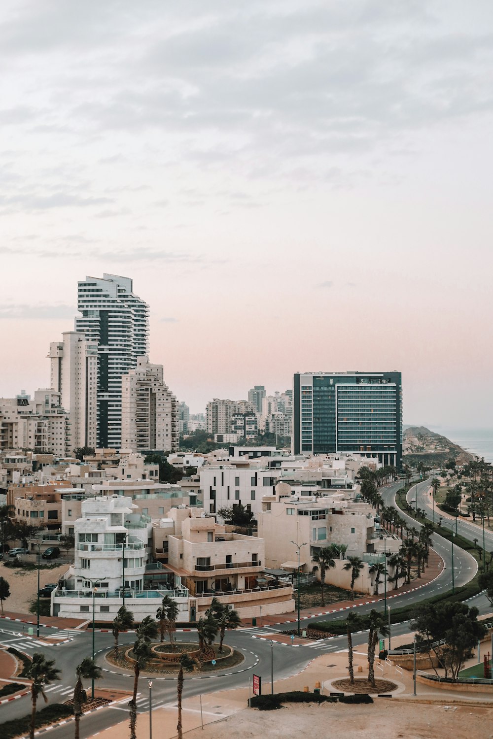 a view of a city with tall buildings and palm trees