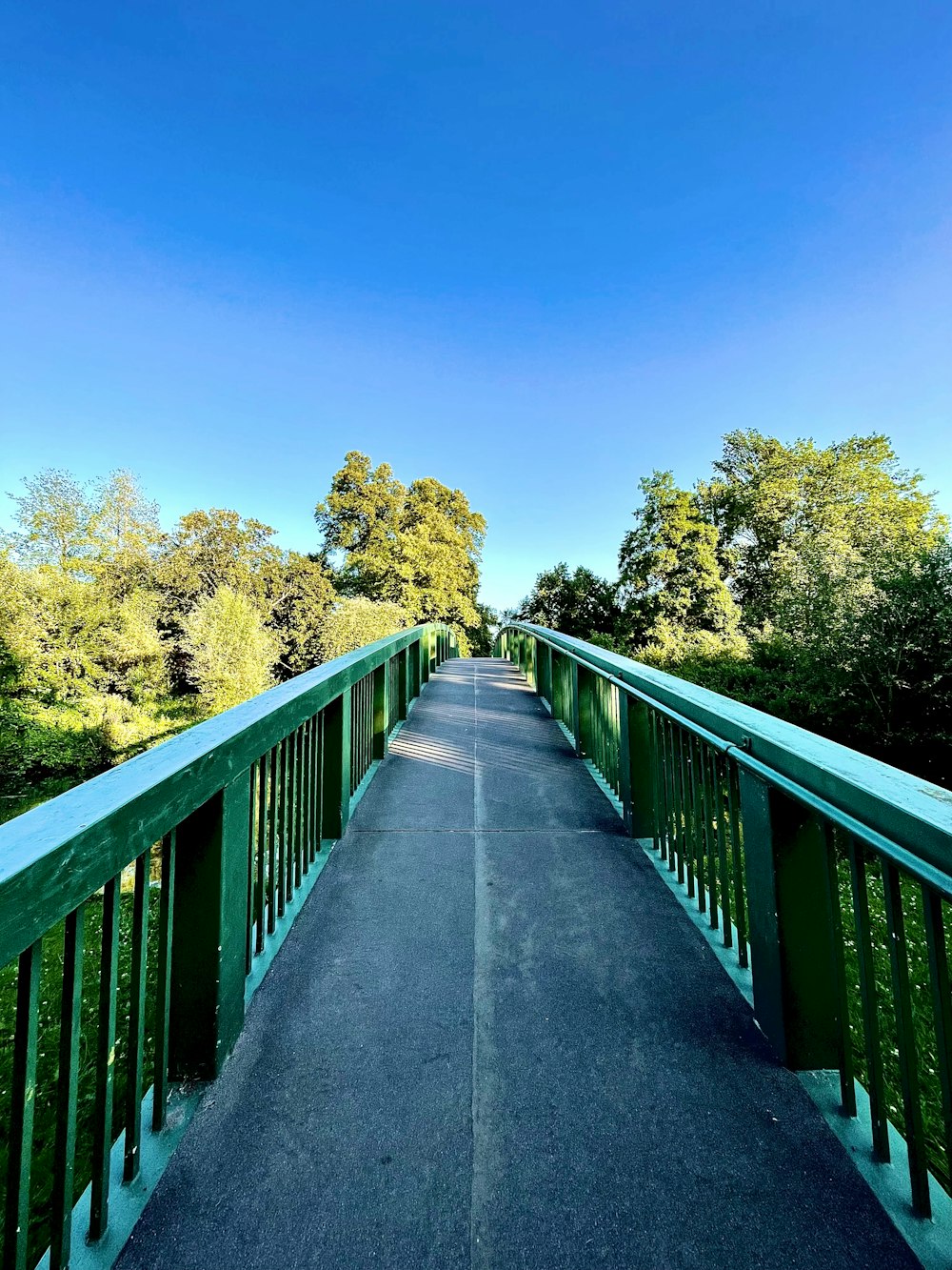 a long bridge with green railings and trees in the background