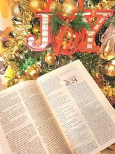An open book displays text reading December 24, set against a festive Christmas backdrop with a golden tree adorned with shimmering ornaments. The word 'Joy' is prominently featured in red and white, framed by green foliage and decorated with ribbons.