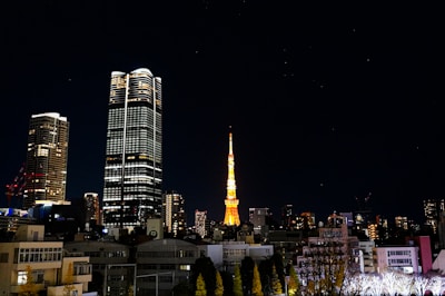 Evening cityscape featuring illuminated residential towers.