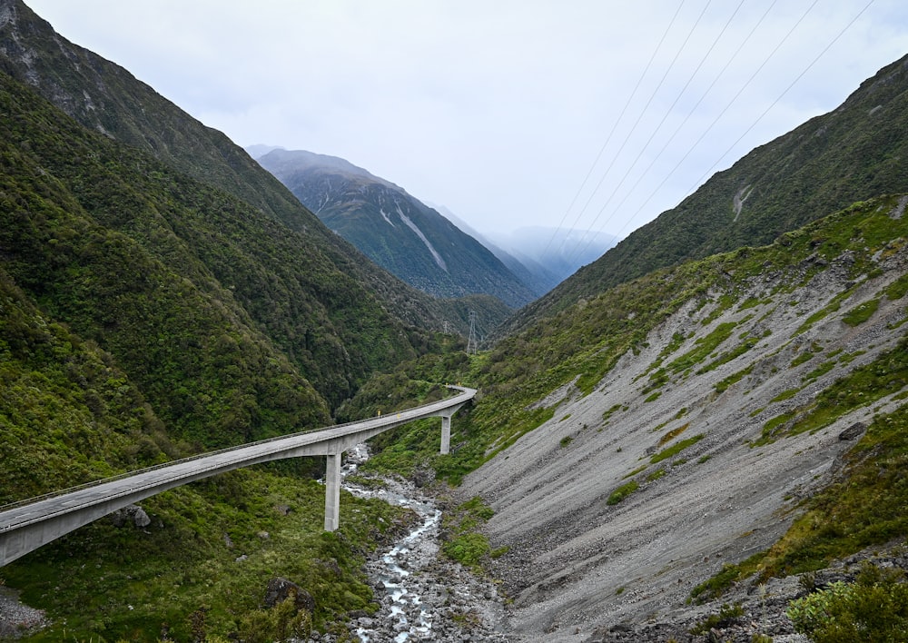 a road going through a valley with mountains in the background