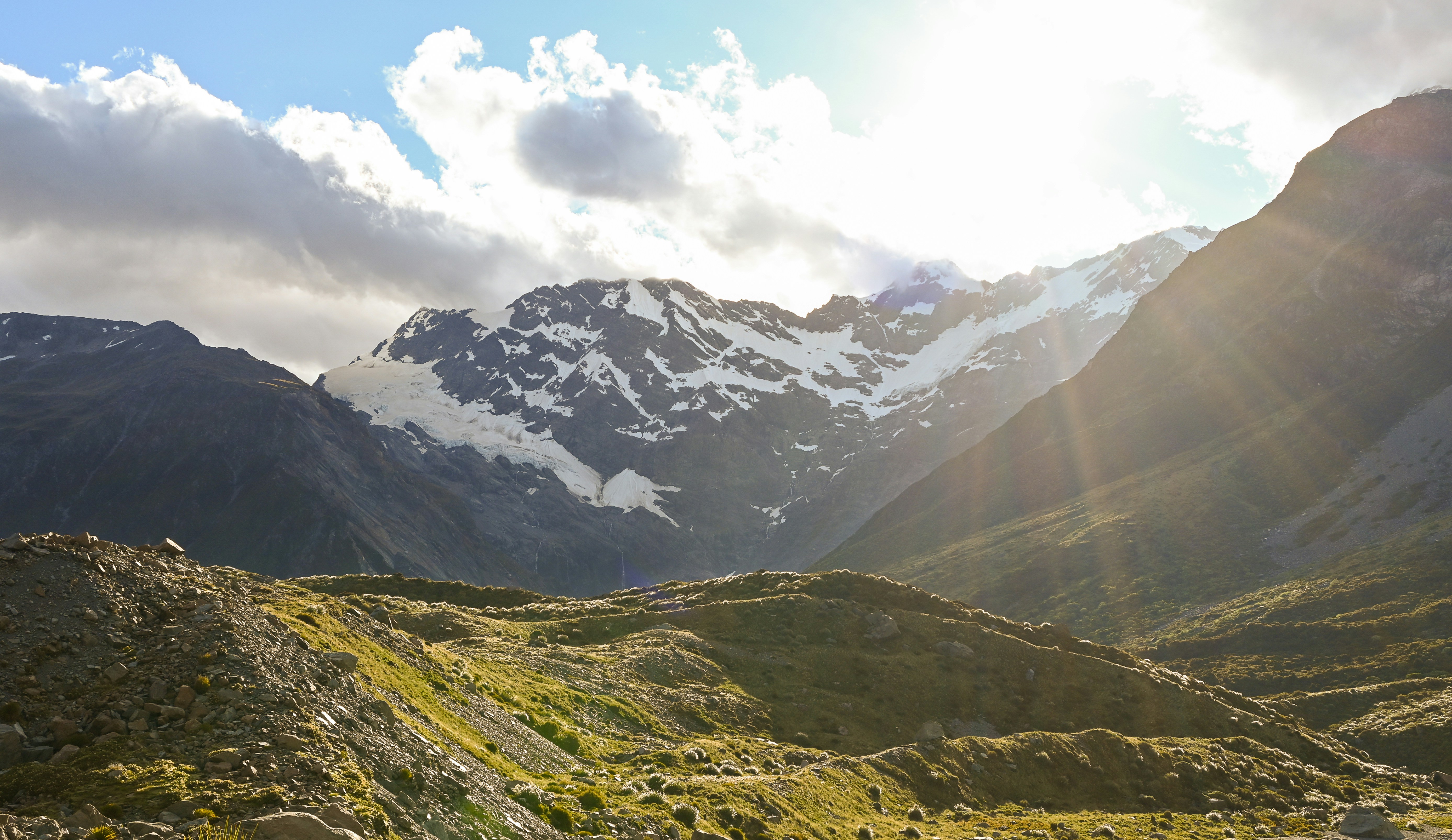 A serene sunset on the return leg of the Hooker Valley Track in Aoraki/Mt Cook National Park, Canterbury, New Zealand.
