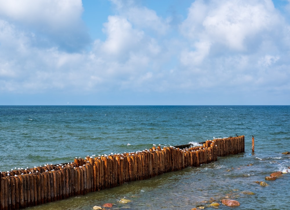 a long wooden fence sitting in the middle of a body of water