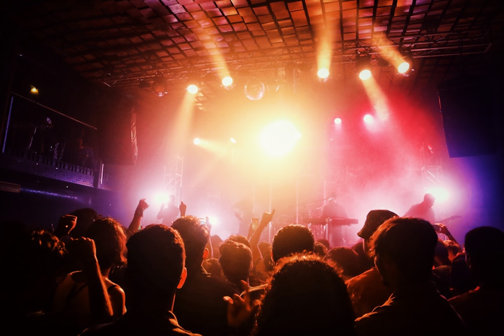 a crowd of people at a concert with their hands in the air